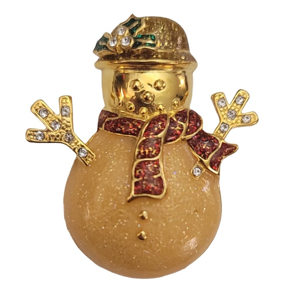 AHM Gold Tone Red Enamel Clear Rhinestone Snowman Brooch Pin, Signed K754